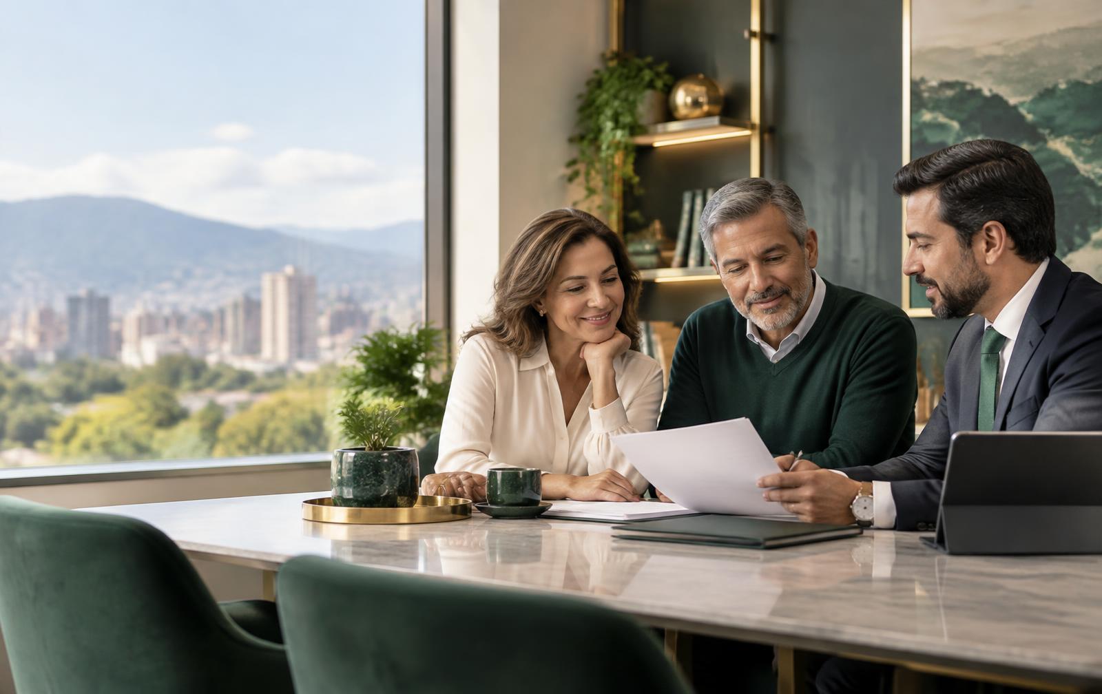 Asesor financiero acompañando a una pareja colombiana